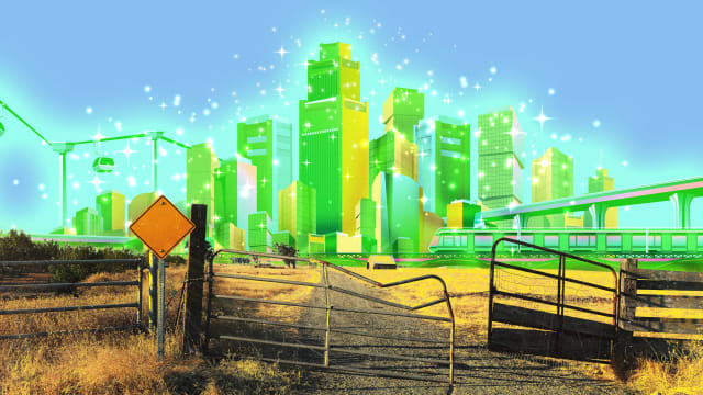 A photo illustration of a mirage emerald city in the background of a piece of farmland in Solano County, California.