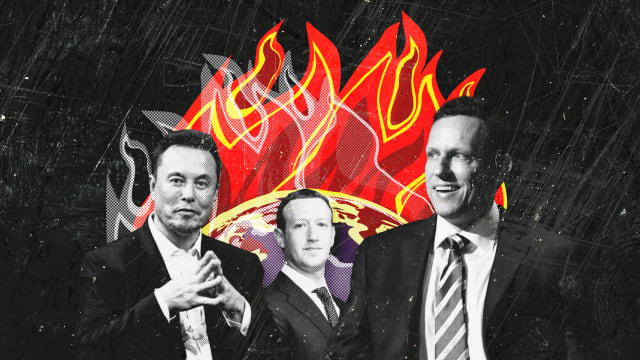 A photo illustration of Elon Musk, Mark Zuckerberg, Peter Thiel and a burning planet Earth.