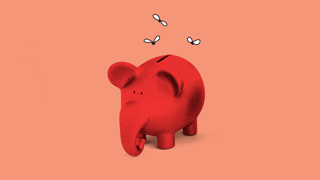 A photo illustration of a red piggy bank in the shape of an elephant with flies buzzing around it