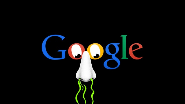 Photo illustration of the Google logo with the “O”s as eyes and a cut out nose placed on top, with smell lines going into the nose.