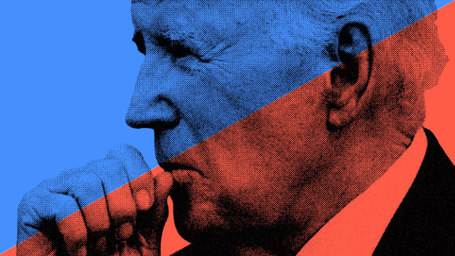 A photo illustration that shows Joe Biden with his hand on his chin has been cut in half with one side in blue and the other in red