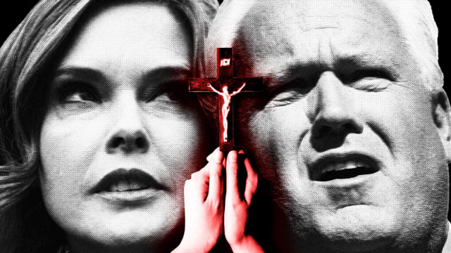 Photo illustration of the faces of Matt Schlapp and Mercedes Schlapp and a pair of hands holding a crucifix.