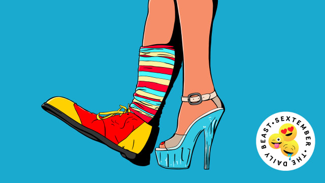 Illustration of a woman's legs with one foot wearing a "stripper" heel and the other wearing a clown shoe