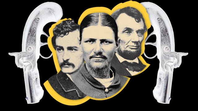 A photo illustration showing Boston Corbett, John Wilkes Booth and Abraham Lincoln