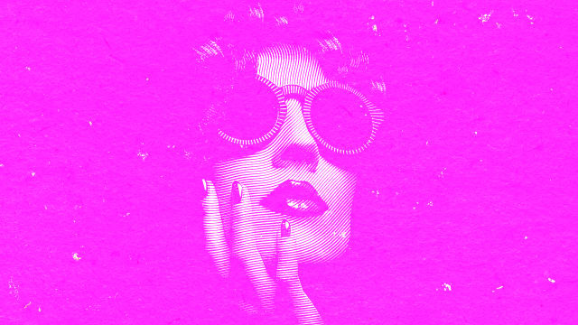 A photo illustration of a woman holding her face on pink background.
