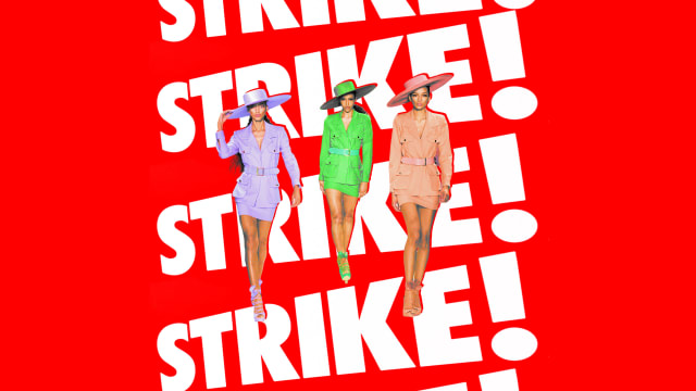 A photo illustration of runway models in front of Strike signage. 