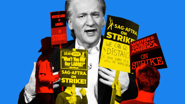 Photo illustration of Bill Maher collaged with protesters from the Writer’s Guild of America and SAG-AFTRA strikes.