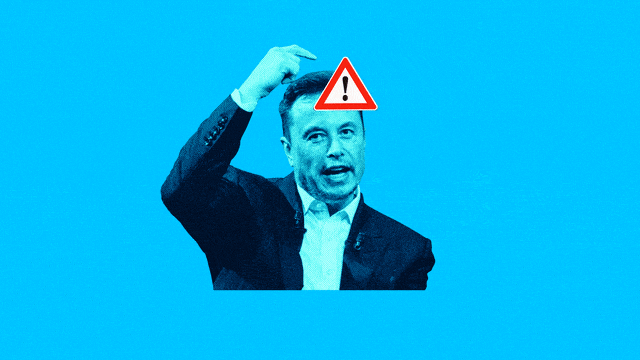 A gif shows Elon Musk pointing to his head where a neon caution sign is blinking red