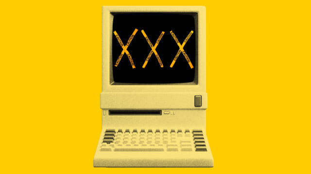 Photo illustration of an old computer with "XXX" across the screen made from caution tape