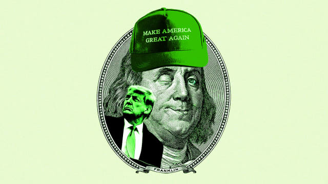 An illustration including photos of former U.S President Donald Trump, Benjamin Franklin, and a MAGA hat