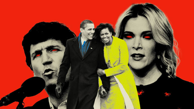Photo illustration of Megyn Kelly, Tucker Carlson, and Michelle and Barack Obama on a red background