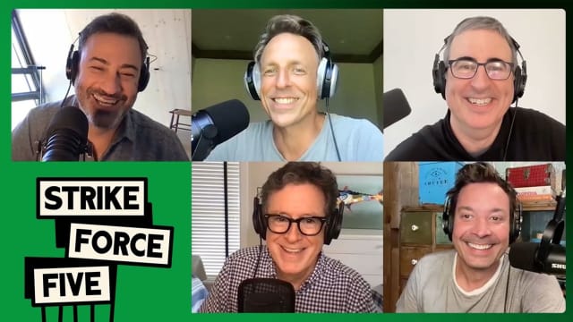 A photo of "Strike Force Five" podcast hosts Jimmy Kimmel, Seth Meyers, John Oliver, Stephen Colbert, and Jimmy Fallon