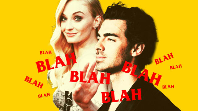 Photo illustration of Joe Jonas and Sophie Turner with “blah blah blah” collaged over them on a yellow background