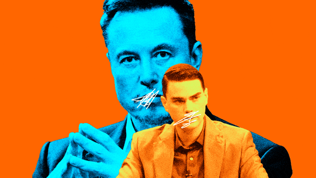 A gif of Elon Musk and Ben Shapiro with white scratches moving over their mouths on an orange background