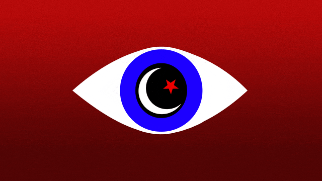 A photo illustration showing a Orwellian eye with a Star and Crescent symbol from Islam.