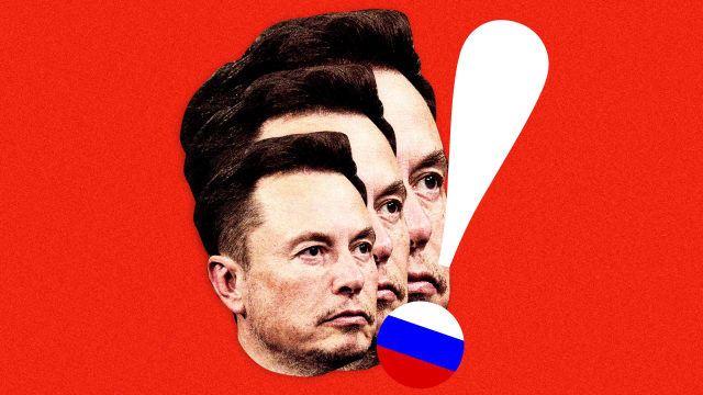  A photo illustration of Elon Musk with an exclamation mark and a Russian flag.