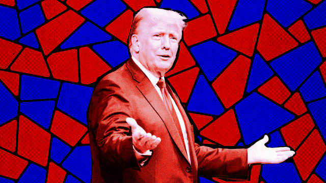 A photo illustration of former President Donald Trump on a red and blue background. 