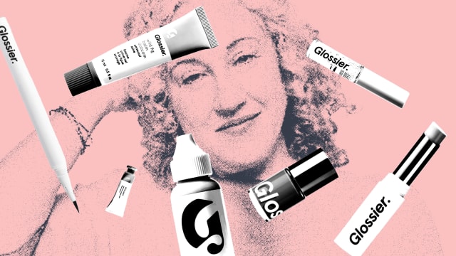 A photo illustration of Marisa Meltzer with Glossier products falling around her