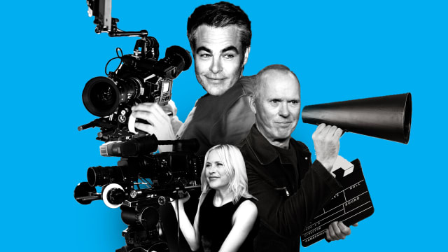 A photo illustration of Patricia Arquette, Chris Pine, and Michael Keaton as directors on a blue background