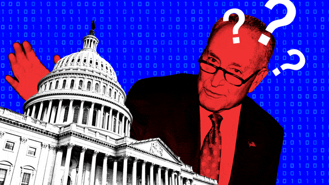 A photo illustration of Chuck Schumer behind congress with question marks floating above his head