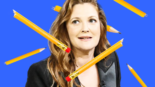 A photo illustration of Drew Barrymore with broken pencils around her on a yellow background
