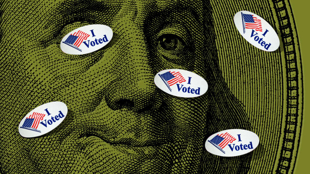 Photo illustration of Ben Franklin from the $100 bill with "I Voted" stickers scattered