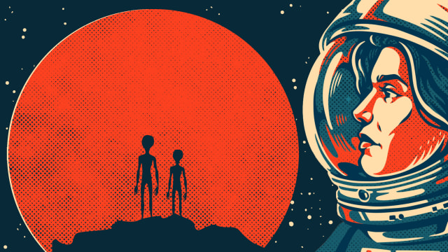 Illustration of a female astronaut over a planet with alien figures silhouetted on top
