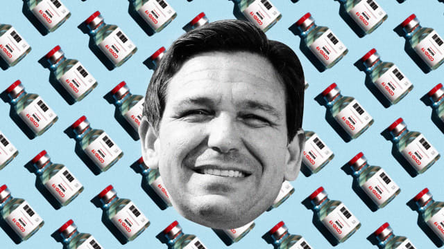 An illustration including photos of Ron DeSantis and Covid-19 vials