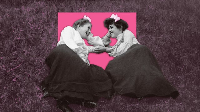 A photo illustration showing two women friends laughing together.