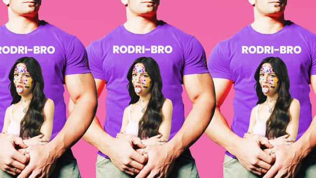 A photo illustration of three muscle men wearing purple shirts with Olivia Rodrigo on them with the word “RODRI-BRO” written on them on a pink background