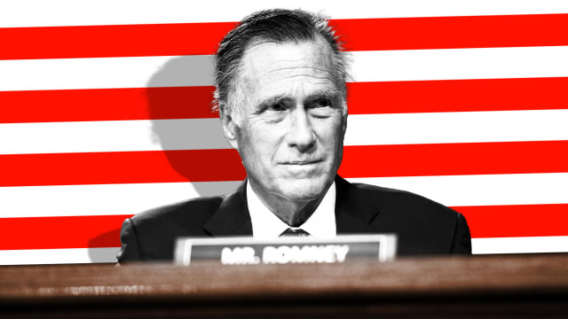 Photo illustration of Senator Mitt Romney (R-UT) on a red and white stripe background.