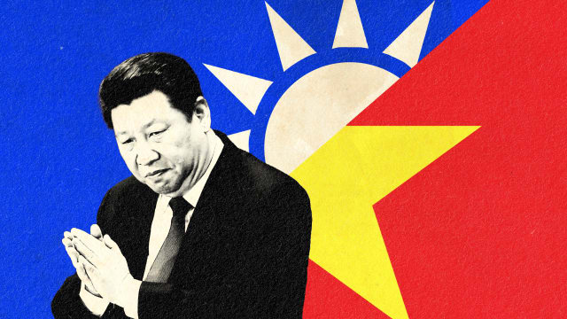 A photo illustration of Xi Jinping with his hands together with the Chinese star and Taiwanese Sun mashed up together behind him