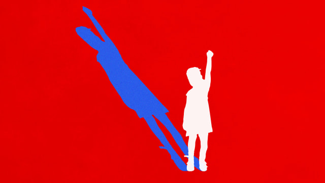 A photo illustration showing a small child raising their fist.