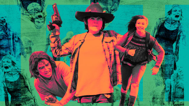 Photo illustration of AMC The Walking Dead’s child actors Carl Grimes, Enid, and Christopher Manawa.