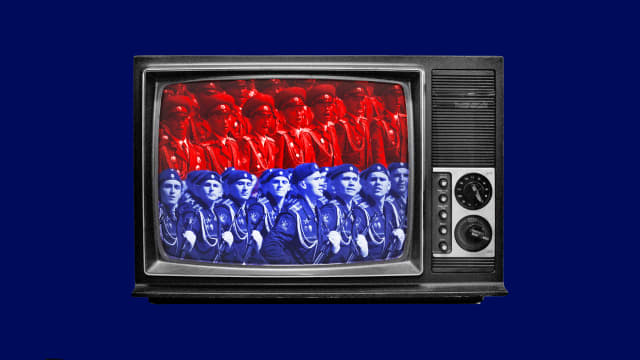 A photo composite of North Korean and Russian military parade marches in a television set.