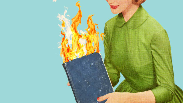 Photo illustration of a vintage 1950s housewife holding a book on fire