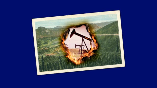 A photo illustration of a postcard with American national park land with a burning hole revealing oil pumps.