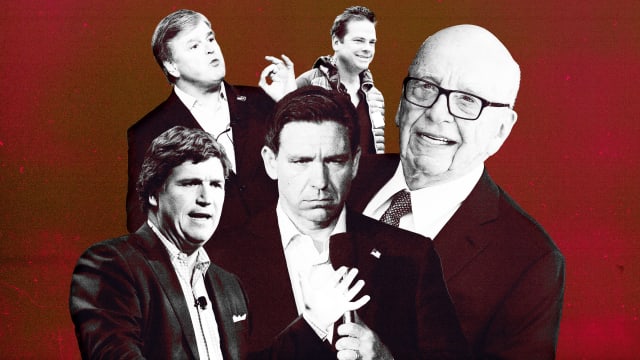 A photo composite of Ron DeSantis, Rupert Murdoch, Lachlan Murdoch, Tucker Carlson and Sean Hannity.
