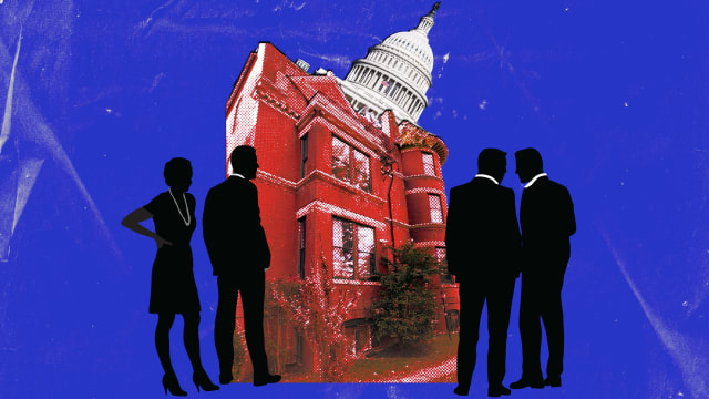 A photo illustration of a red brick townhouse in Washington DC and the US Capitol building.