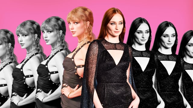 A photo composite of multiple Taylor Swifts and Sophie Turners meeting in the middle on a pink background