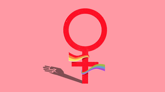 Illustration of the women’s symbol and a rainbow ribbon with a fist as a shadow behind it.