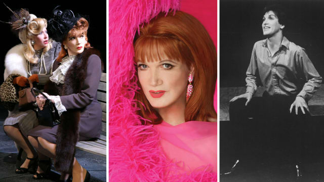A photo triptych of Julie Halston and Charles Busch in The Lady In Question, Charles Busch in pink, and Charles Busch in the 1980s.