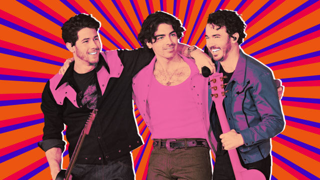 A photo illustration of the Jonas Brothers during a concert.