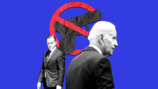 A photo illustration of Hunter Biden, Joe Biden, and a No Firearms graphic.