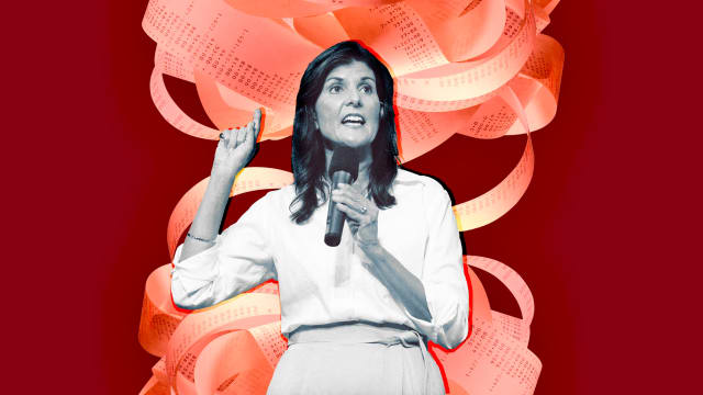 A photo illustration of Nikki Haley with calculator receipts in the background.