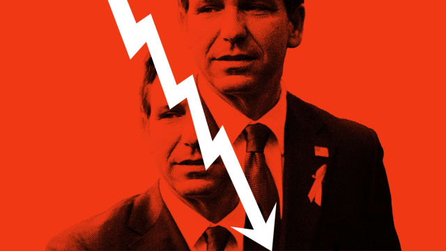 Photo illustration of Ron DeSantis on a red background with a downward arrow going through him