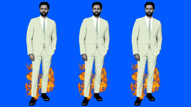 Photo illustration of Hasan Minhaj with his pants on fire