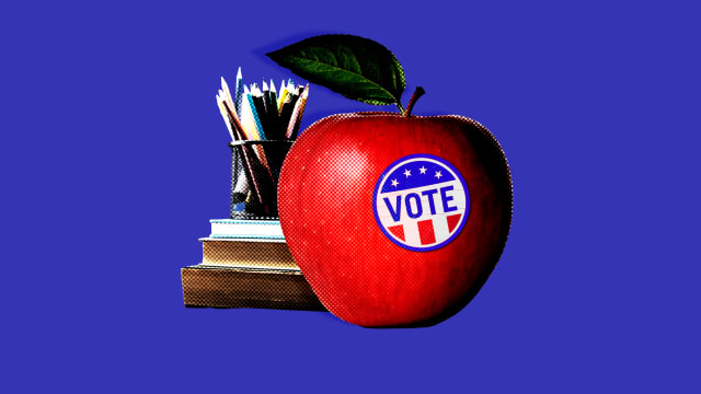 A photo illustration of an apple and Vote sticker with school supplies.