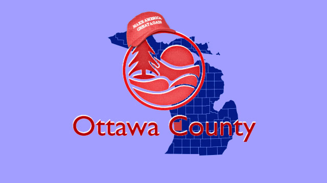 A photo illustration of Ottawa County seal, a map of Michigan and a MAGA hat. 