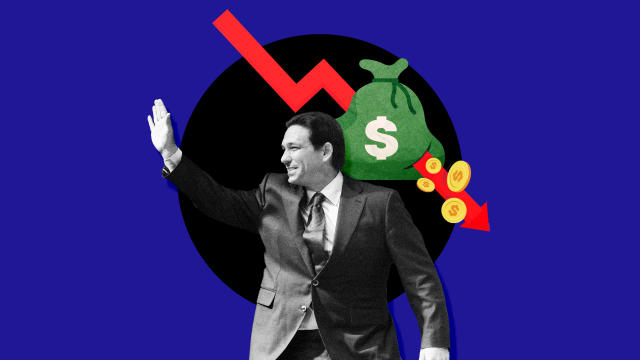 A photo illustration of Florida Governor Ron DeSantis and a punctured money bag.